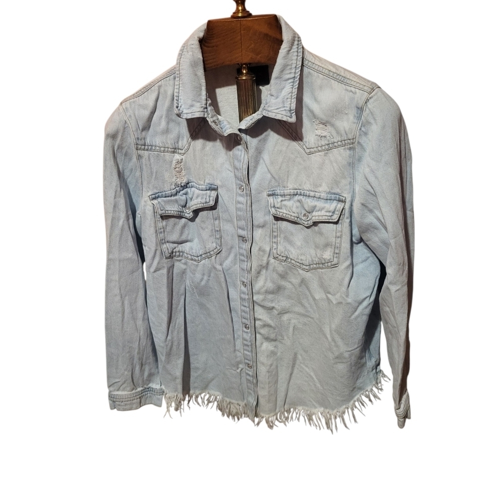 Risen Distressed Fringe Acid Washed Denim Blue Cotton Shirt Jacket Size XLarge - Picture 2 of 8
